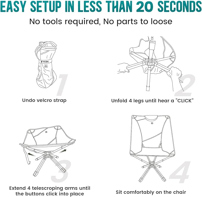 TCEK Portable High Back Camping Chair with Adjustable Height, Small Compact Outdoor Folding Chair for Adults Travel, Riselite Collapsible Lightweight Packable Camp Chairs, Easy Carry and Quick Setup