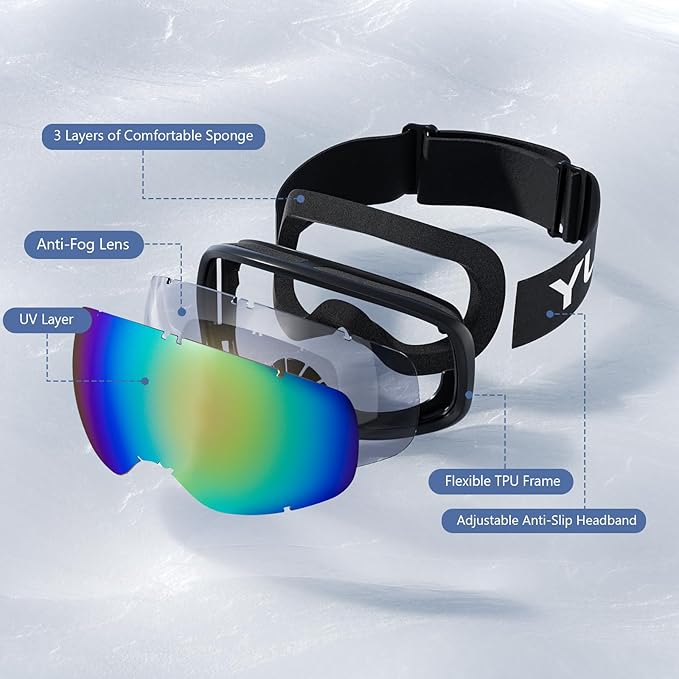 Ski Goggles for Men Women, OTG Snow Goggles, UV Protection Snowboard Goggles for Adult & Youth, Snowmobile, Sledding