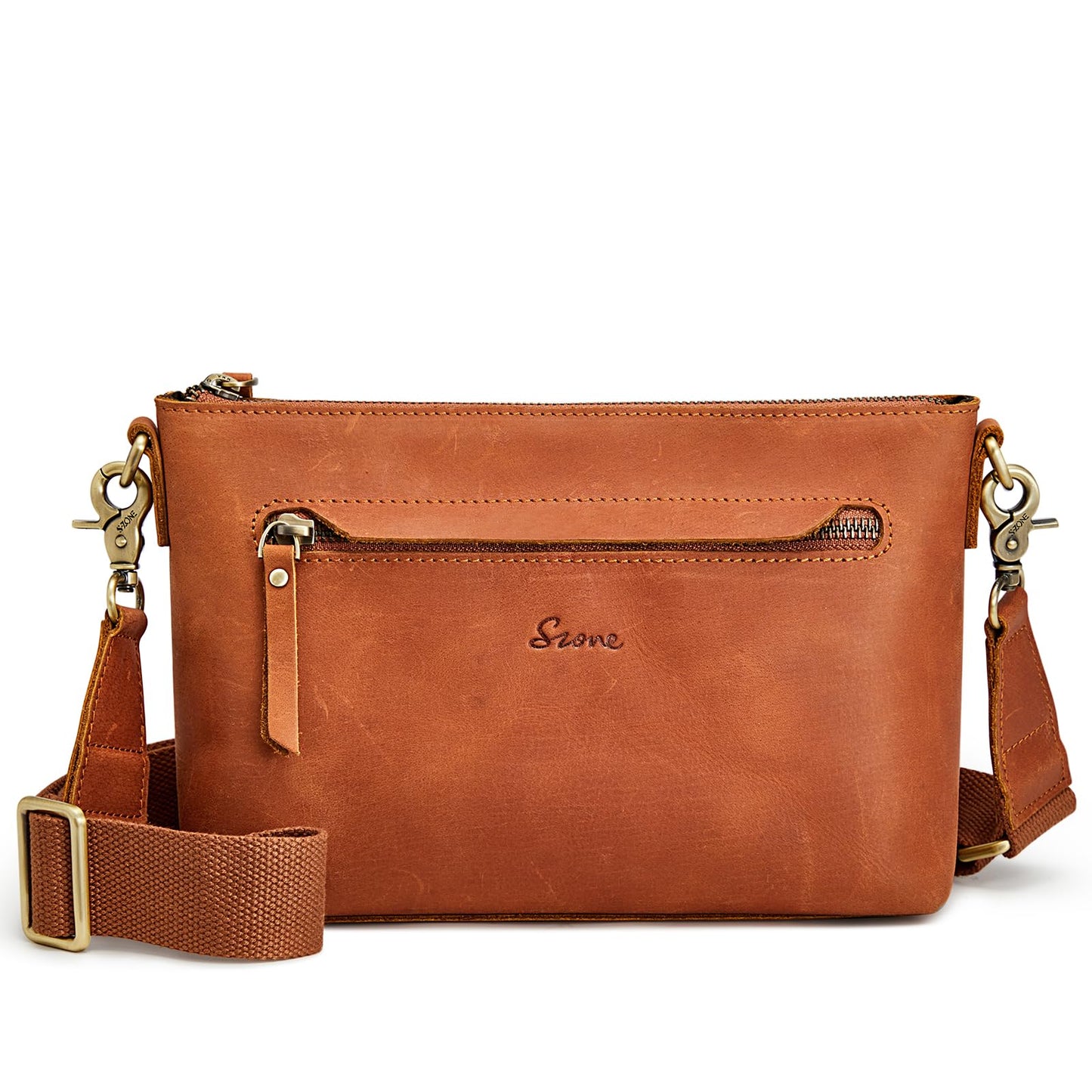 S-ZONE Crossbody Bags for Women Trendy Genuine Leather Small Shoulder Bag Purses with Wide Strap (Cognac)