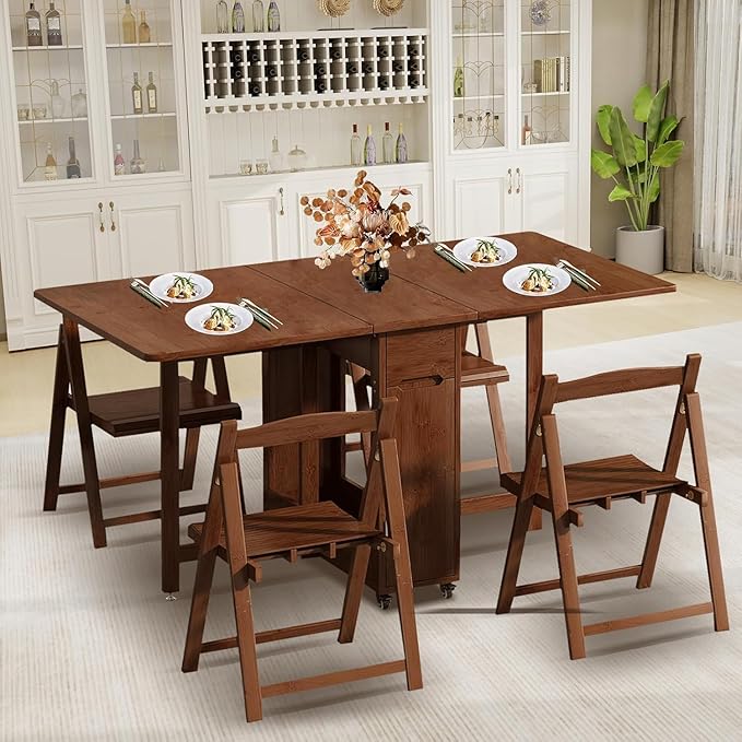 OKCMTR Folding Dining Table Set with 4 Chairs Drop Leaf Table Foldable Dinette for Small Spaces Dining Room Kitchen No Ass...