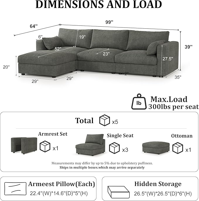 Cloud Modular Sectional Sofa Couch with Storage Ottoman, 99" Oversized Sectional Couches for Living Room, Cloud Modular L-Shaped Sofa with Chaise, 4 Seater, Chenille, Dark Gray