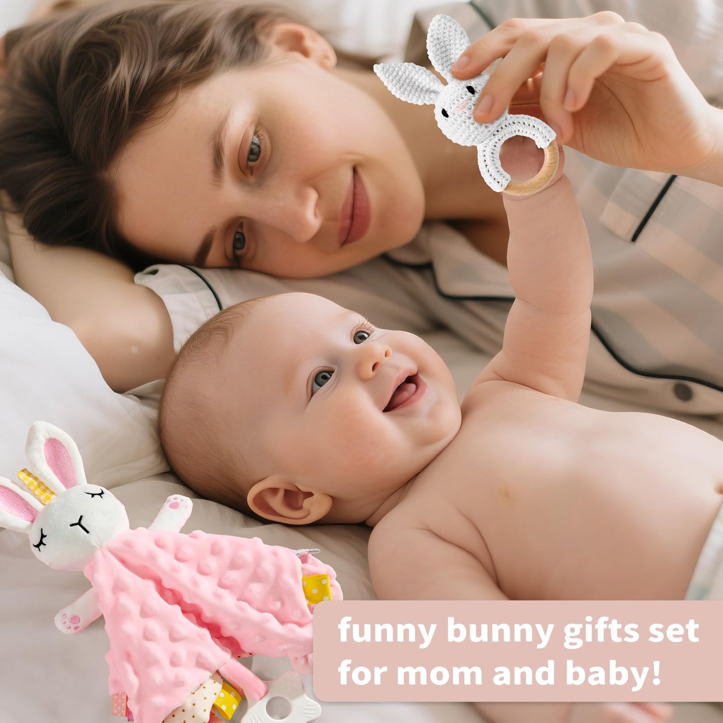 Encausto Baby Girl Gifts Basket, Newborn Girl Essentials for Baby Shower, Hooded Bath Towel, Muslin Swaddle Blanket, Girl Bodysuit, Bunny Rattle, Lovey, Baby Bibs, New Mom Gifts Box for Women