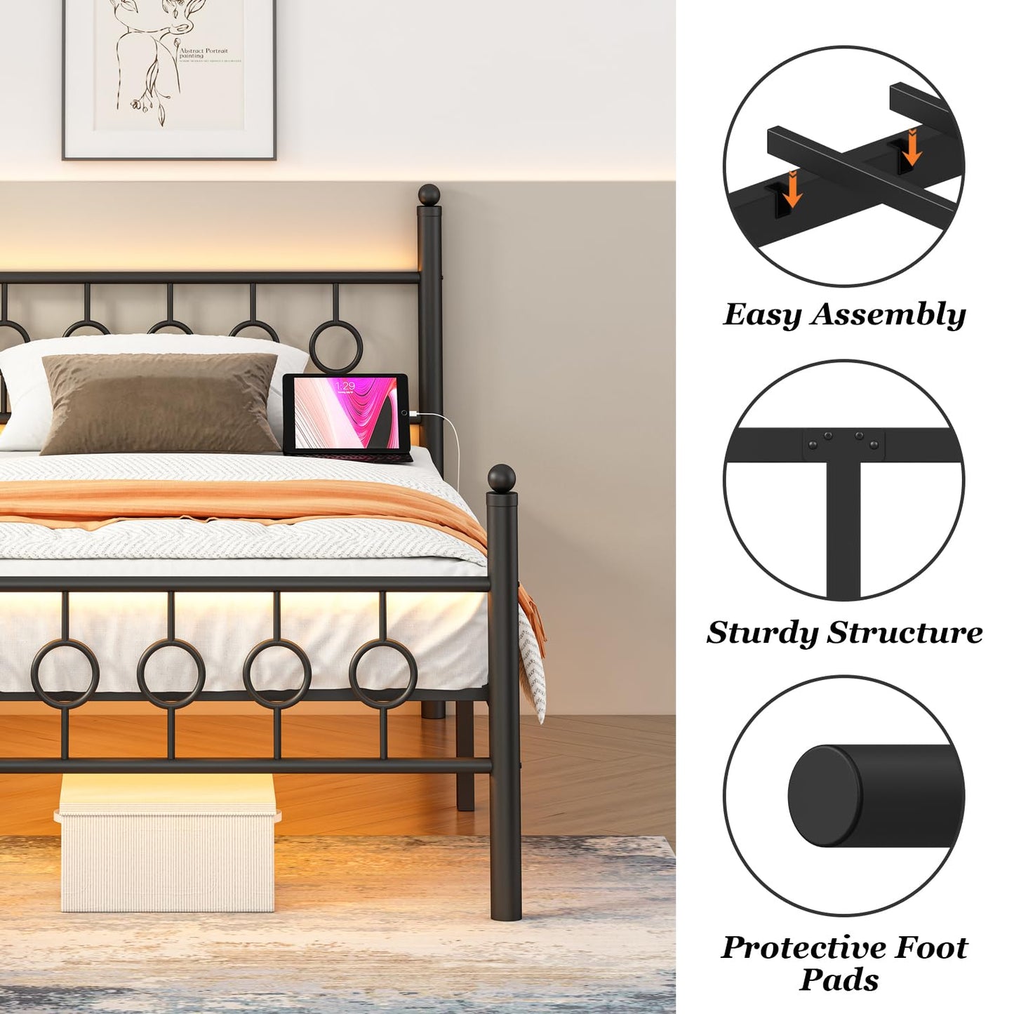 Jenmit Twin Bed Frames with Headboard, LED Bed Frame with Charging Station, Metal Platform, Under-Bed Storage, No Box Spring Needed, Noise Free, Easy Assembly, Black
