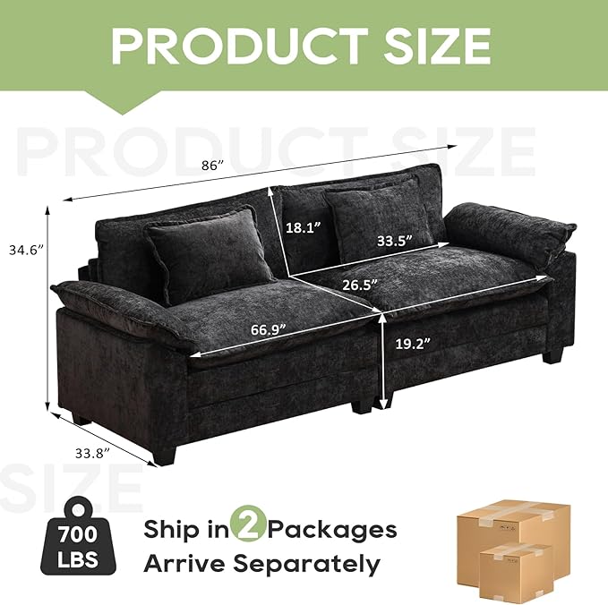 Oprisen 86" Modular Sectional Sofa, Comfy Cloud Couch Sectional Sofa with Ottoman, Chenille Sofa Sleeper Deep Seat Sofa with Throw Pillows for Living Room (Black, 86"- Loveseat)