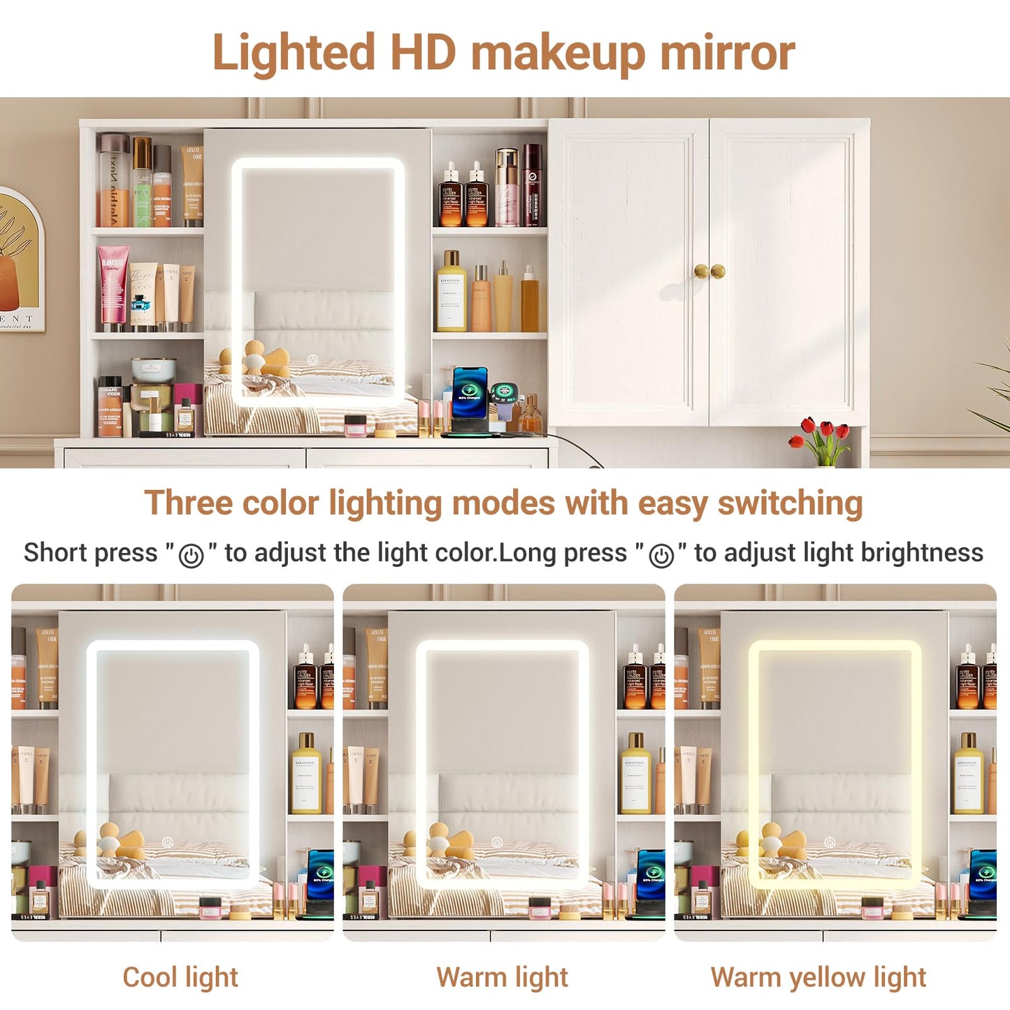 Vabches 58.6" Large Vanity Desk with Sliding Mirror & Lights, White Makeup Vanity Table & Nightstand Combo with Power Outlet and 6 Drawers 15 Shelves with Light Strips for Bedroom Dressing Room
