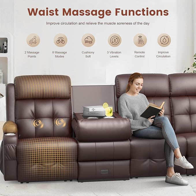 Aotolo Recliner Sofa, Massage Reclining Sofa 4 Seater Sets Heavy Weight Capacity, RV Loveseat Couch Clearance with Flip Back Console, Storage, Cup Holders, Wall Hugger Reclining Couch for Living Room