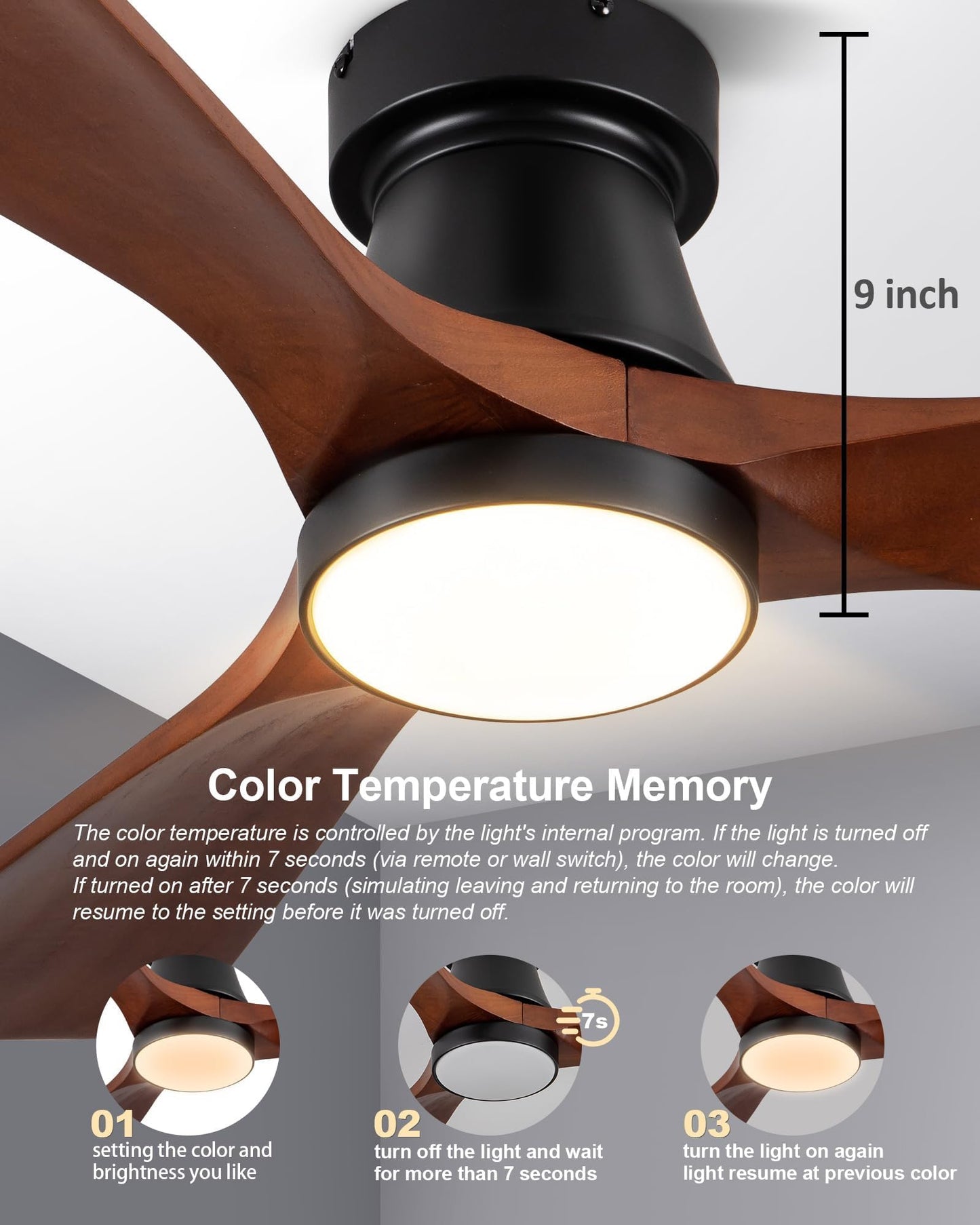 FUJIBONNY 42-Inch Ceiling Fan with Lights, Remote Control, Flush Mount, Dimmable, Reversible, Wood Blades, Power-Off Memory, Quiet DC Motor – Modern Hugger Ceiling Fan for Living Room, Bedroom, Patio