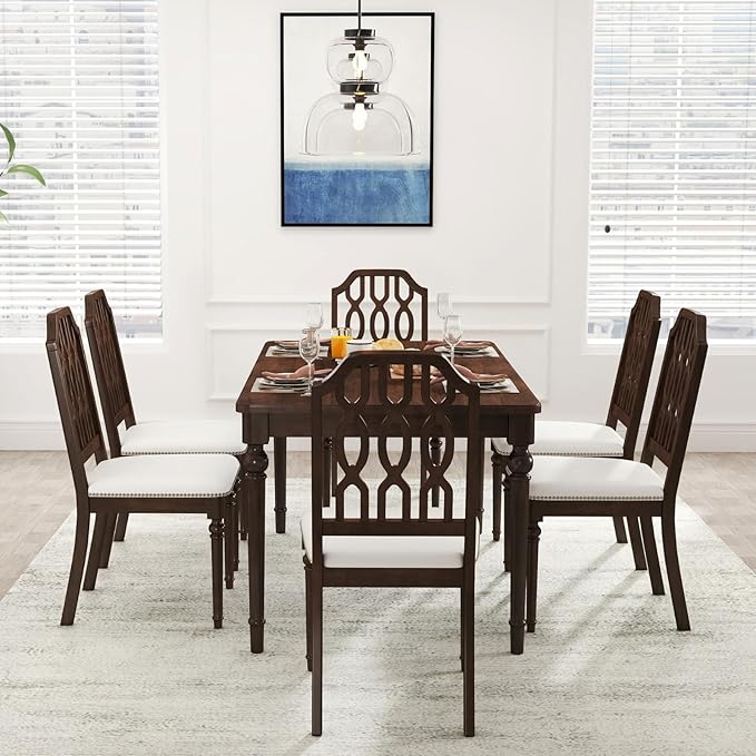 chairus Farmhouse Dining Chairs Set of 6, French Country Vintage Wooden Dining Room Chairs with Lattice Back & Turned Legs, Rustic Chenille Upholstered Nailhead Trim Side Kitchen Chairs, Walnut Brown