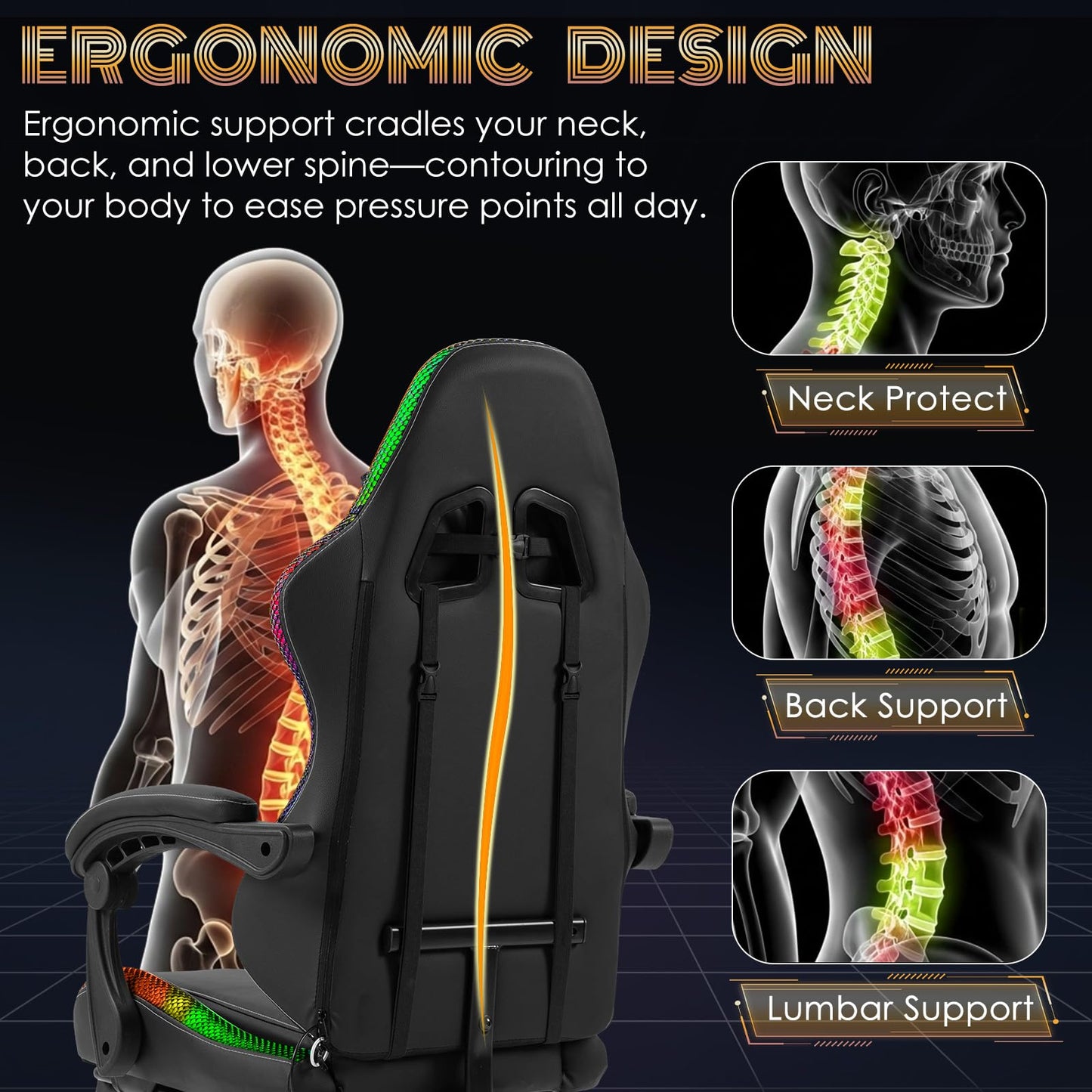 ECOTOUGE Massage Gaming Chair, Video Game Chair with LED Lights, Ergonomic Computer Chair with Footrest and Lumbar Support, Height Adjustable High Back Office Desk Chair, White