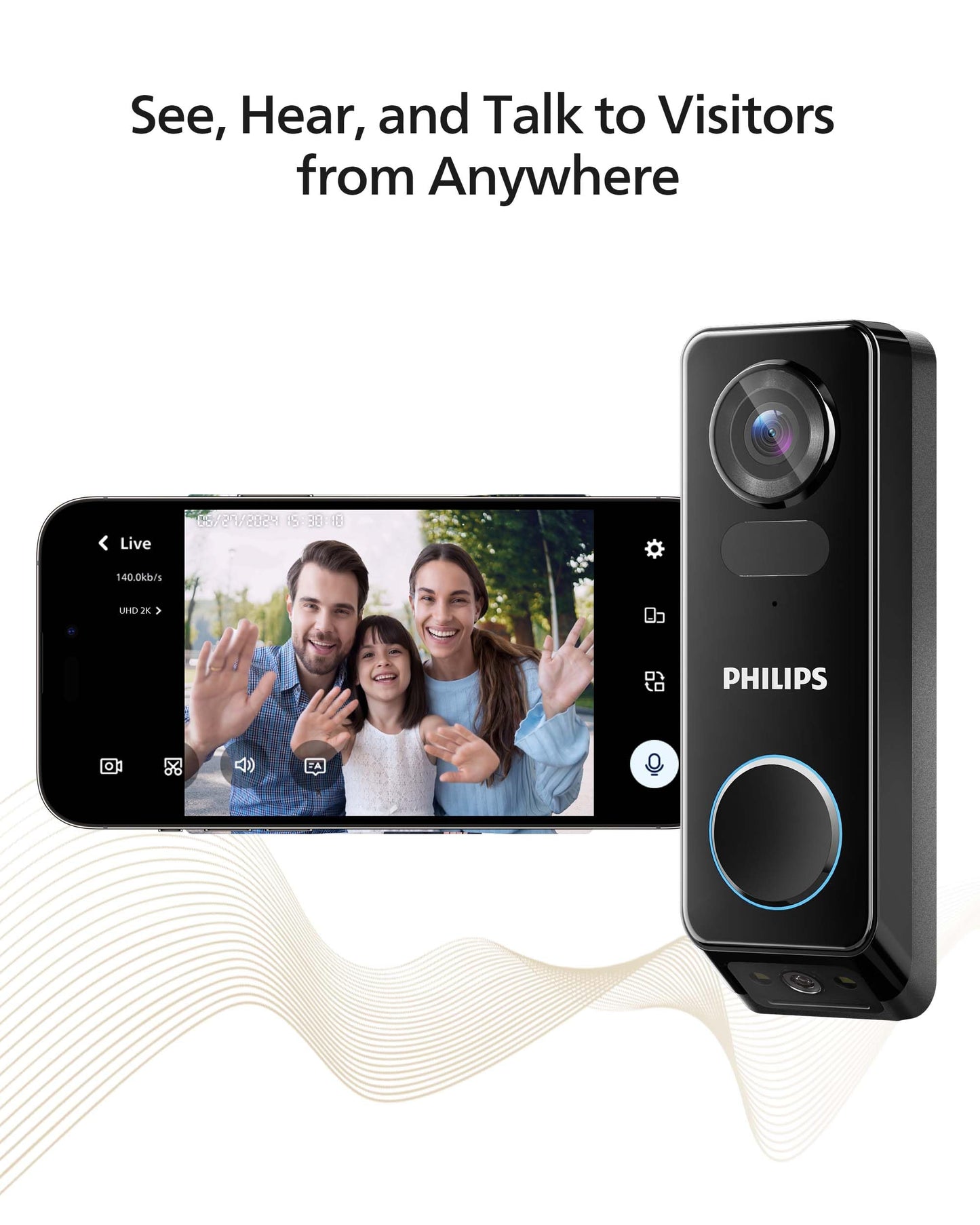 Philips Security Video Doorbell Camera (Chime Included), No Monthly Fee, Dual Cameras 2K QHD with Motion Detection, 2-Way Audio, Supports Alexa & Google Assistant, Battery/Wired Powered