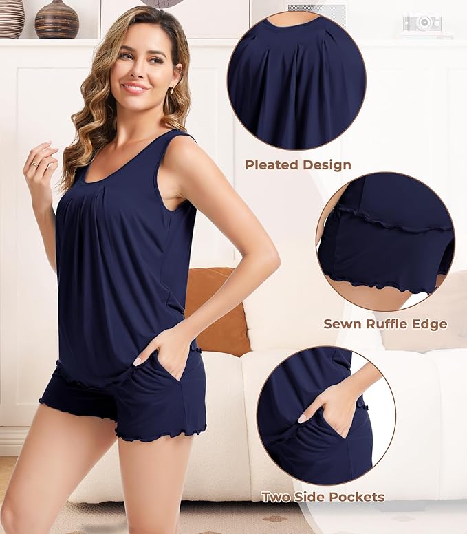 NACHILA Pajamas for Women-Viscose from Bamboo, Ribbed Racerback Tank Top Sexy Split Shorts Pajama Sets Cooling Sleep Cami Pjs
