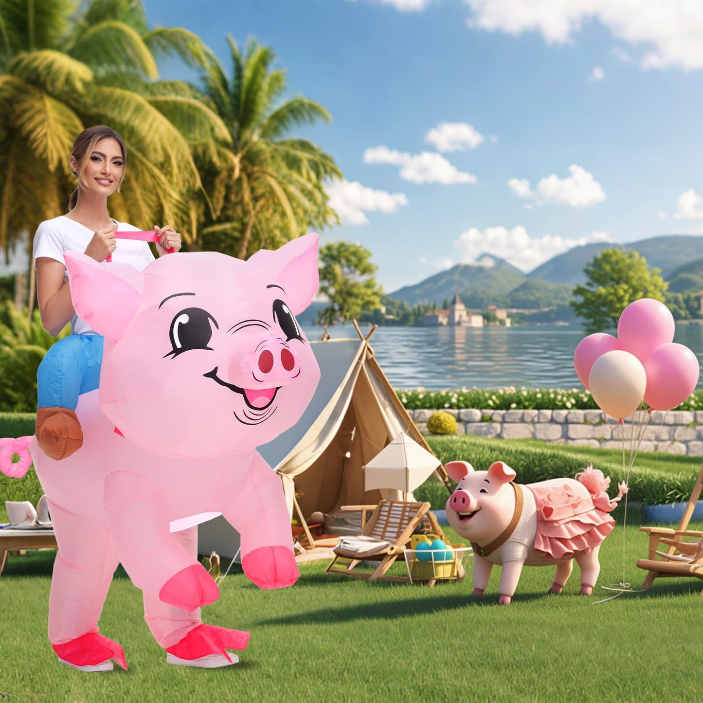 anroog Inflatable Costume for Adult Pig Costume Halloween Blow Up Ride on Piggy Costumes Women Animal Suit for Men Cosplay Party