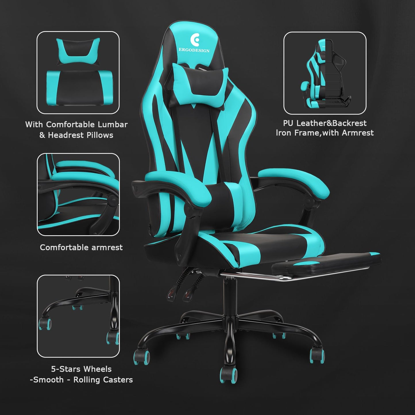 ErgoDesign Gaming Chair with Linkage Armrest & Footrest, High Back Video Gaming Chair, Black/Light Blue