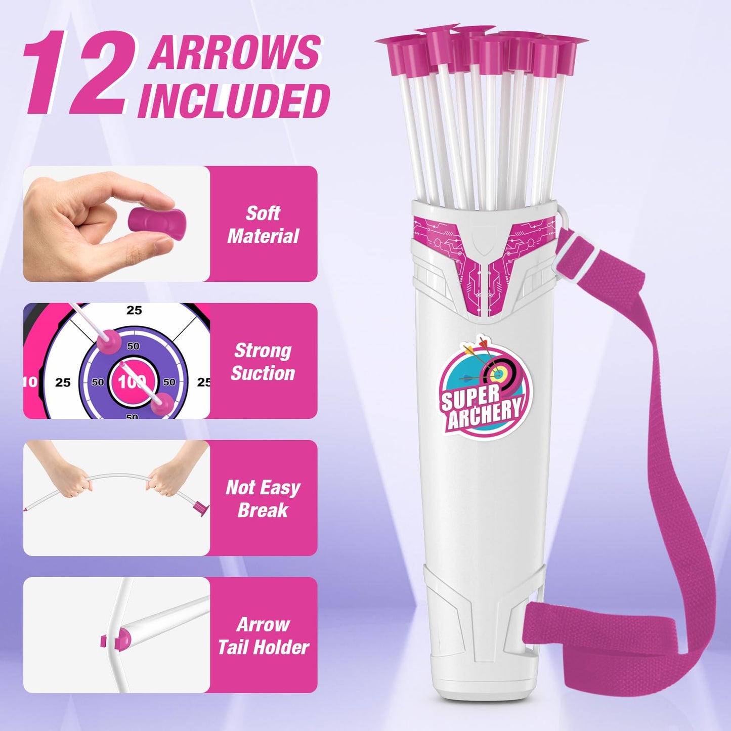 HYES Bow and Arrow for Kids 4-6, LED Light Up Archery Set with 12 Suction Cup Arrows, 1 Standing Target, 3 Score Targets & 1 Quiver, Indoor Outdoor Sport Gifts for Boys Girls Ages 8-12, Purple