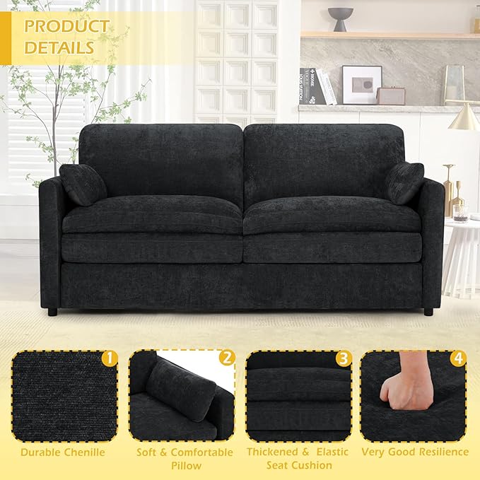 ACMEASE 69” Chenille Love seat Sofa w/Arm Pillows, Upholstered 2 Seater Sofa w/Comfortable Back Cushions, Modern 2 Seats Couch w/High-Density Foam for Living Room, Apartment, Office, Black