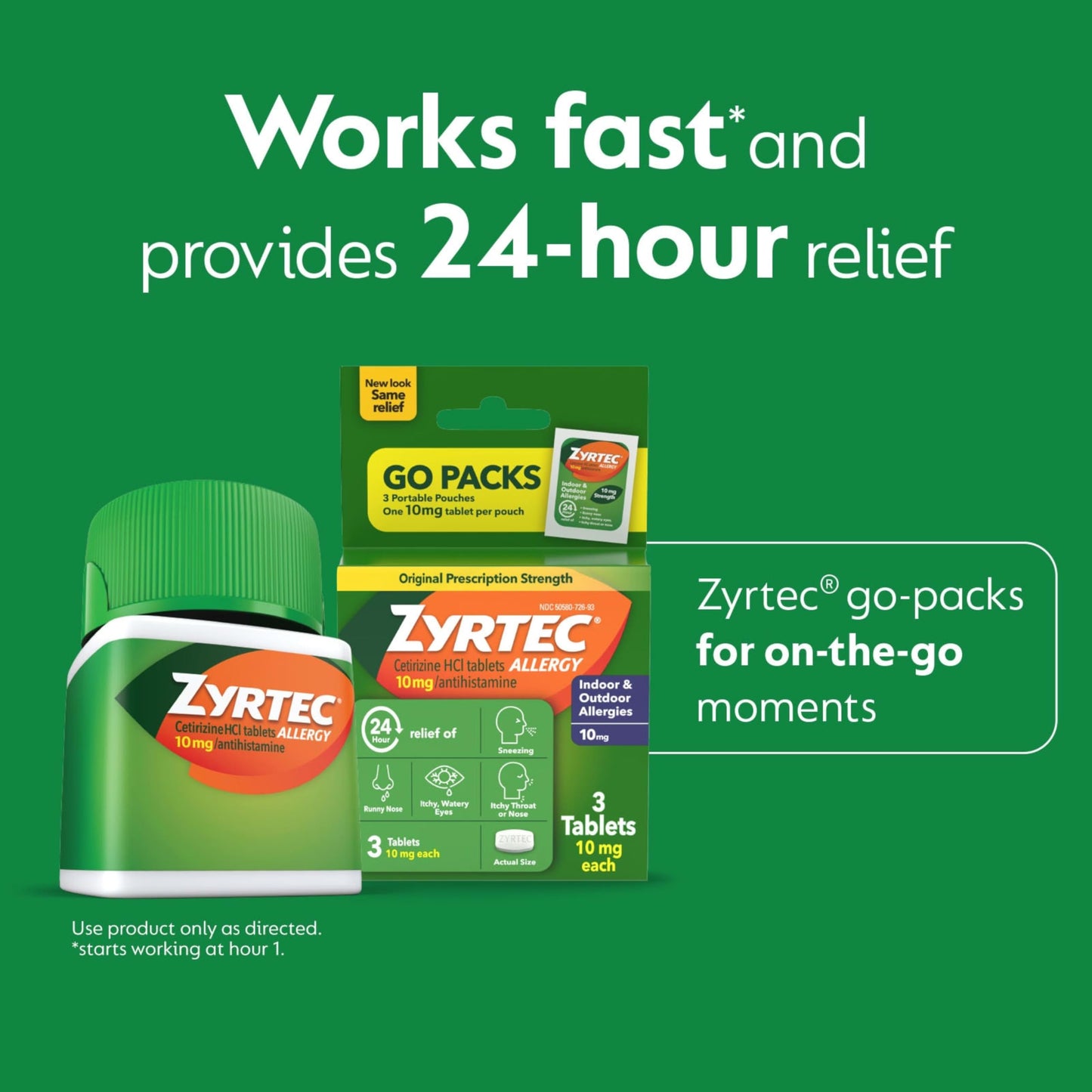 Zyrtec 24 Hour Allergy Relief Tablets, Fast-Acting Allergy Medicine for Indoor & Outdoor Allergies, Cetirizine 10 mg Tablet Antihistamine, 30 ct Bottle & 3 Single-Dose Travel Packs Bundle Pack