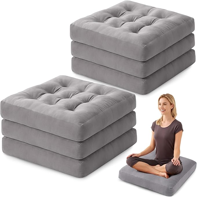 SM-XLHN Meditation Floor Pillow Set of 6, Square Large Pillows Seating for Adults, Meditation Cushion Pillow,Tufted Corduroy Cushion for Tatami Living Room or Yoga, Light Gray, 22x22 Inch