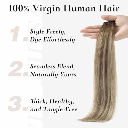 Hyssiet Tape in Hair Extensions Human Hair, 20pcs 50g 18 Inch Tape in Hair Extensions, Balayage Walnut Brown To Ash Brown Mix Light Blonde,Invisible Remy Silky Straight Real Natural Thick Human Hair