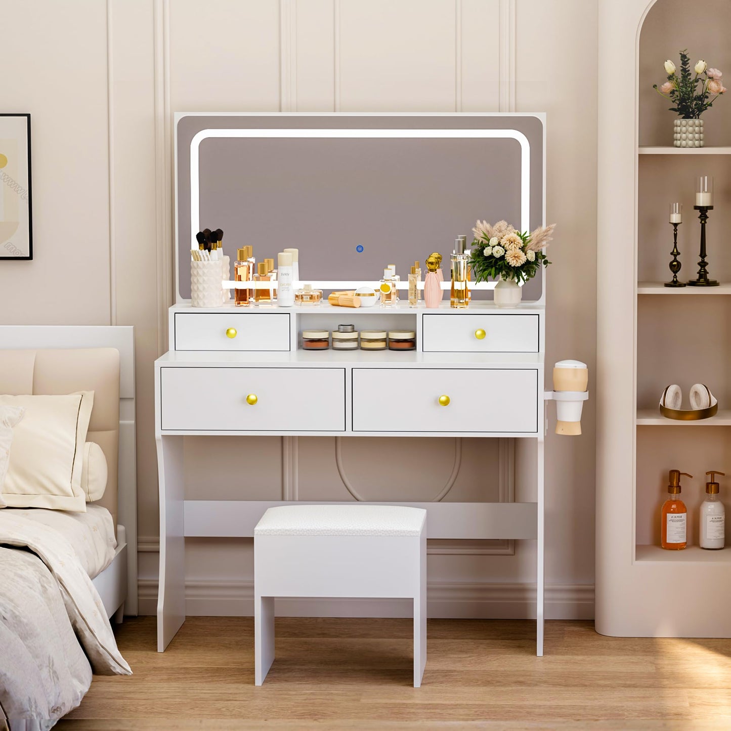 Pamapic Vanity Desk with Mirror and Lights,4 Drawers Golden Handles Makeup Vanity with Storage Stool,Power Outlet,3 Lighting Modes,Silent Slides