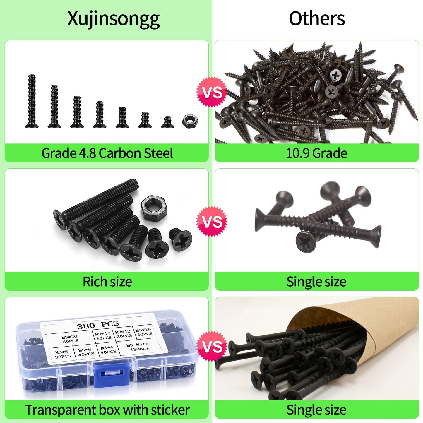 M3 Flat Head Machine Screws and Hex Nuts Kit, 380 Pcs Black Countersunk Head Phillips Screws Bolts Nuts Assortment Kit - M3 x 4mm/ 6mm/ 8mm/ 10mm/ 12mm/ 16mm/ 20mm