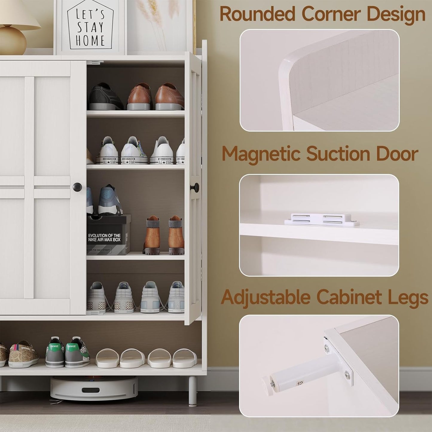 ONBRILL Shoe Storage Cabinet with Cross Molding Doors, 6-Tier Farmhouse Shoe Cabinet with 3 Adjustable Shelves and Metal Legs, 45'' Tall Shoes Rack Organizer Cabinet for Entryway, Front Door, White