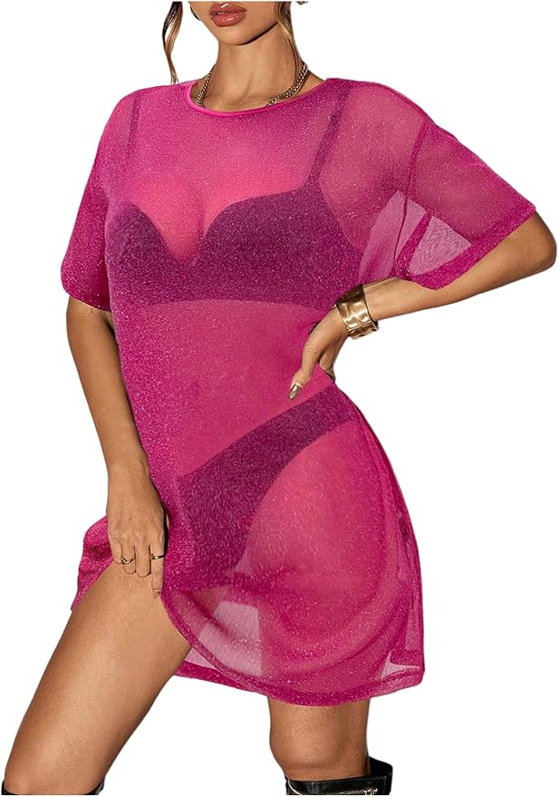 Floerns Women's Glitter Sparkly Short Sleeve Sexy Party Dress Sheer Mesh Loose Club Rave Concert Festival Short Dress