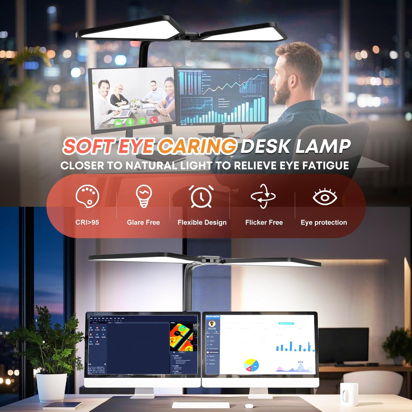 Ultra-Large Dual-Source Clamp-On Gooseneck Desk Lamp | Super Bright LED Study Light with Flexible Arms, 5 Brightness & 4 Color Modes for Home Office/Reading/Gift