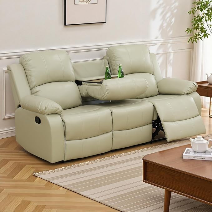 JBXBER Manual Recliner Sofa Set for Living Room, Leather Reclining Sofa Sets, Faux Leather Couch Set with Cup Holders, Drop-Down Table and Storage Console(Sofa,Beige)