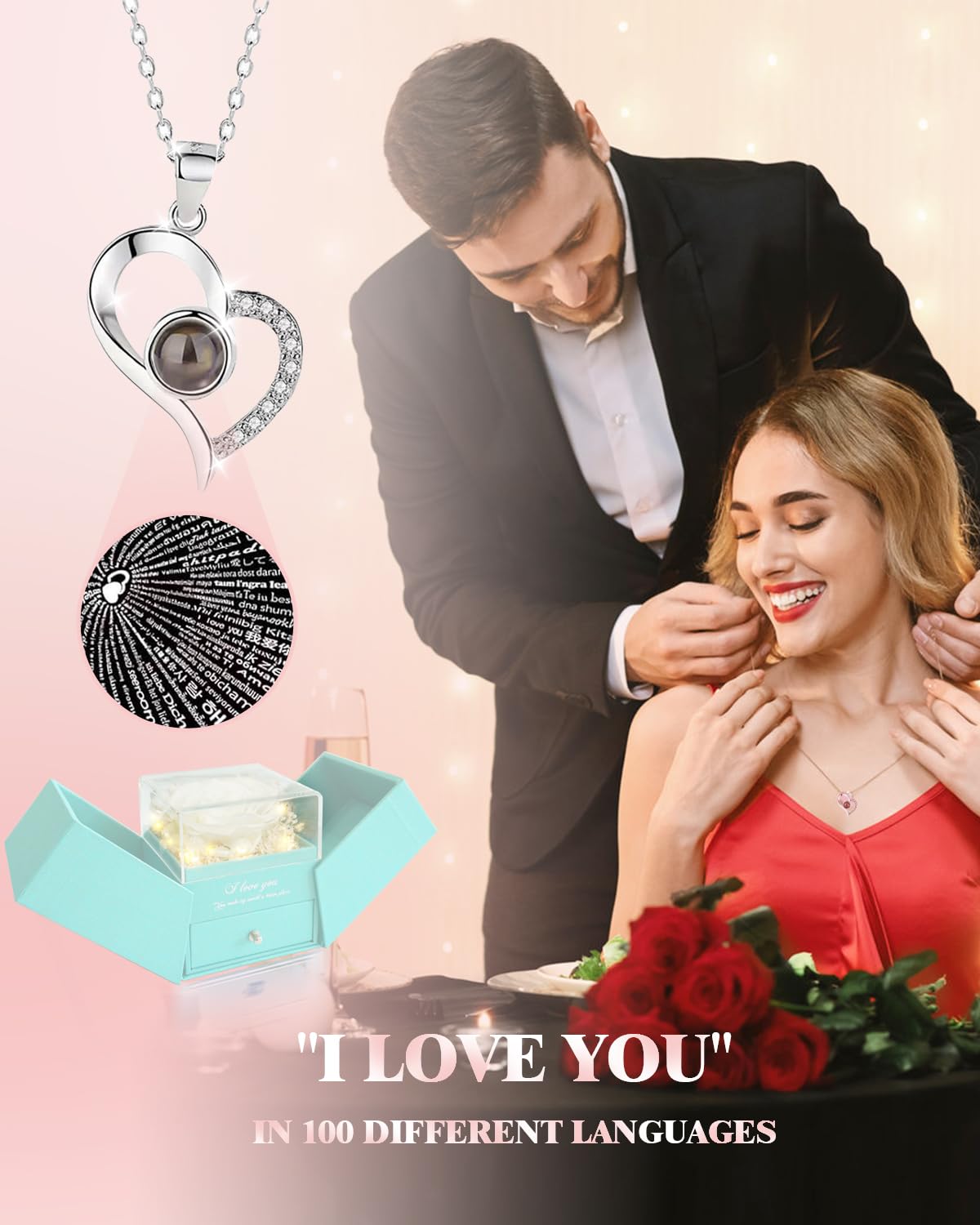 Birthday Gifts for Women, Preserved Real Roses with Heart Necklace I Love You in 100 Languages, Romantic Anniversary Wedding Gifts for Women Her Girlfriend Wife, Forever Roses Necklace Gift Box White
