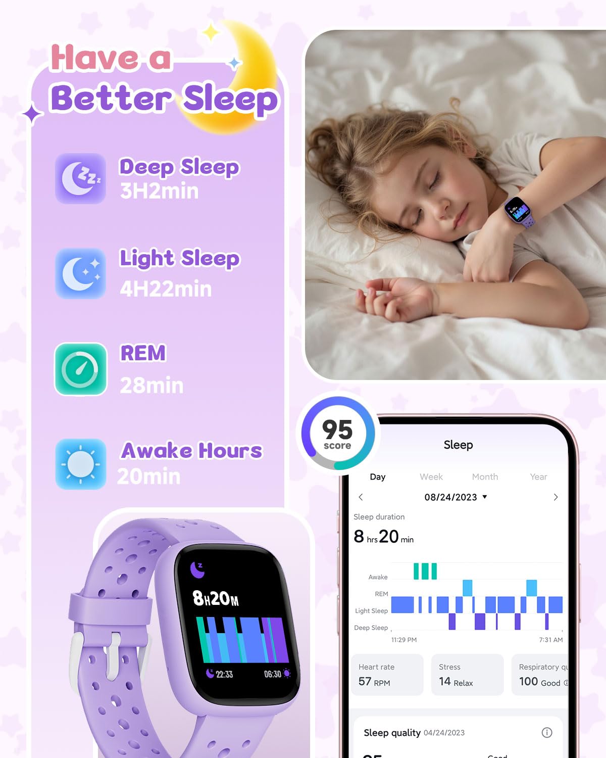 TICTIKY Kids Watch for Girls 5-12, Kids Smart Watch Fitness Tracker Pedometer, No Phone Needed, Puzzle Games with Parental Control, IP68 Waterproof, Heart Rate, Sleep Monitor, Step Counter, 80 Sports