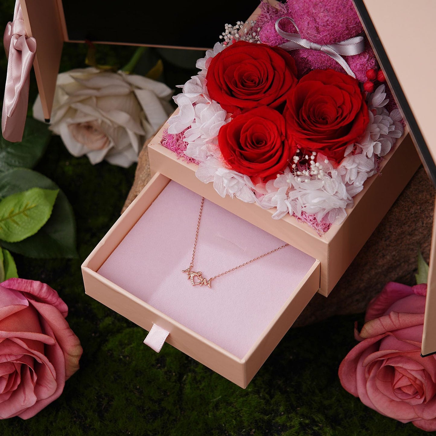ADDWel Mom Birthday Gifts from Daughter or Son – Preserved Real Rose with Mom Necklace and Cute Moss Bear – Unique Rose Gifts for Women, Perfect for Mum, Mama, Mother on Birthday or Mother's Day