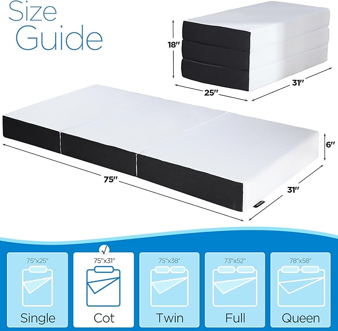 Roxzo 6" Cot Tri-Fold Memory Foam Folding Mattress Topper with Washable Cover - Cooling Mattress Pad for College Dorm, Single Bed, Camping, and Guest Bed - 75"x31"x6"