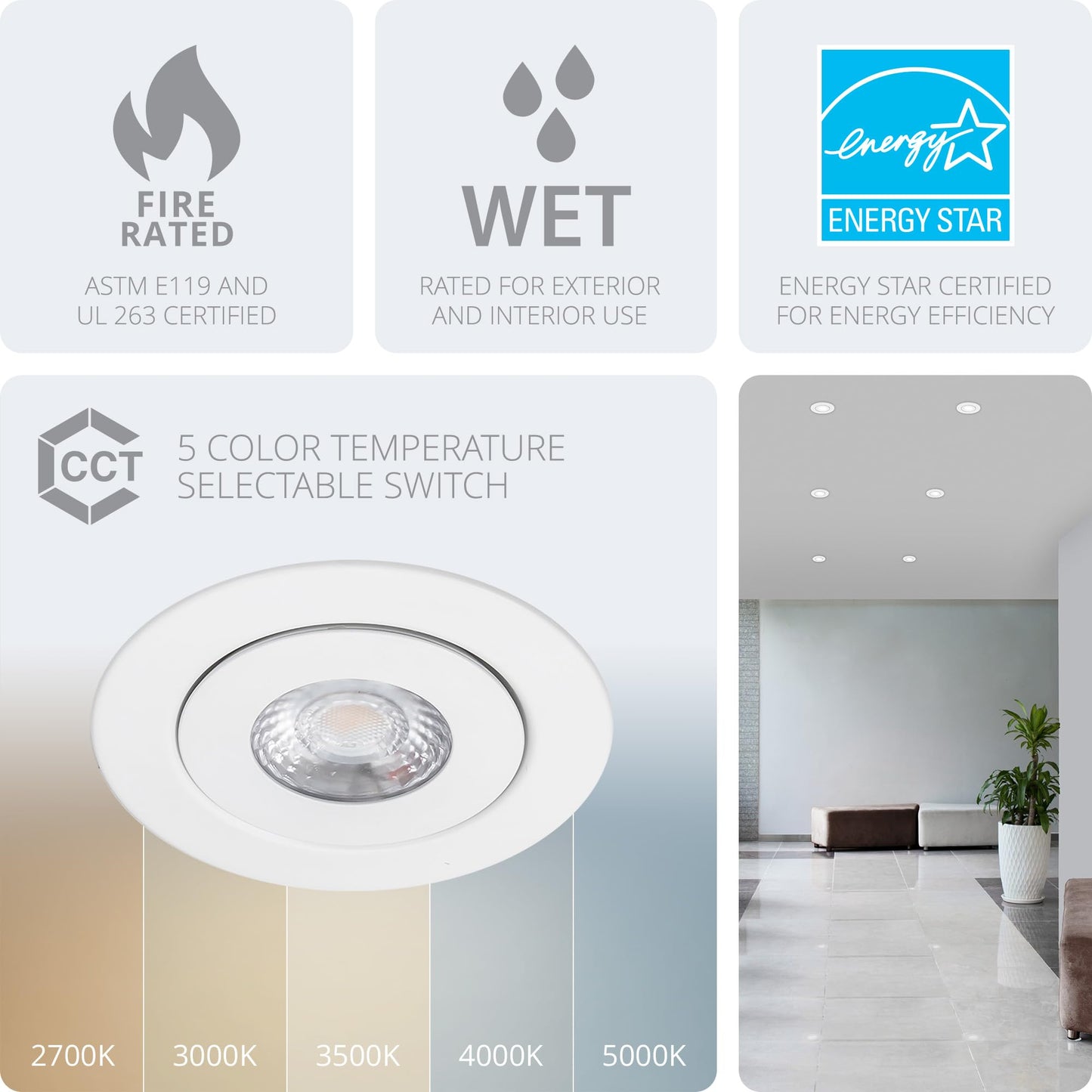 WAC Lighting Lotos 4in LED Round Adjustable Recessed Light 5-CCT Selectable 9W 700 Lumens IC-Rated Airtight 120V-277V Universal in White 2-HR Fire Rated (Pack of 24)