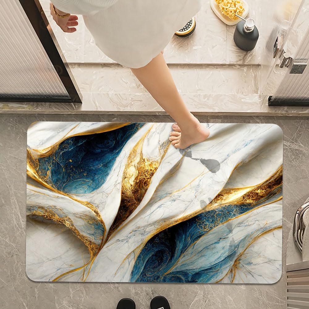 Bath Mat Rug,Abstract Blue and gold marble Non Slip Quick Dry Super Absorbent Thin Bathroom Rugs Fit Under Door-Easy to clean Bathroom Floor Mats-Shower Rug for Shower Sink Bathtub(16" x 24"In)