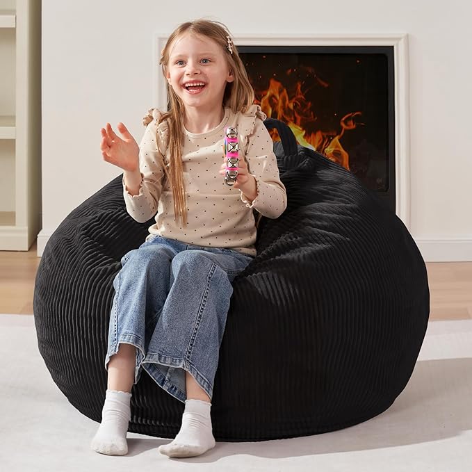 Homguava 2FT Bean Bag Chair,Teardrop Bean Bags Small Beanbag Chair with Memory Foam Filled and Ultra Soft Corduroy Cover for Living Room, Bedroom (Black)