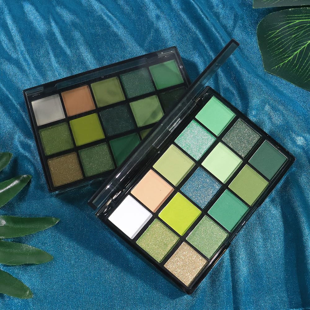 Smokey Green Eye Shadow Makeup Palette,15 Colors Bright Forest Emerald Dark Green Shimmer Matte Makeup Pallet,Long Lasting Waterproof for Daily and Halloween