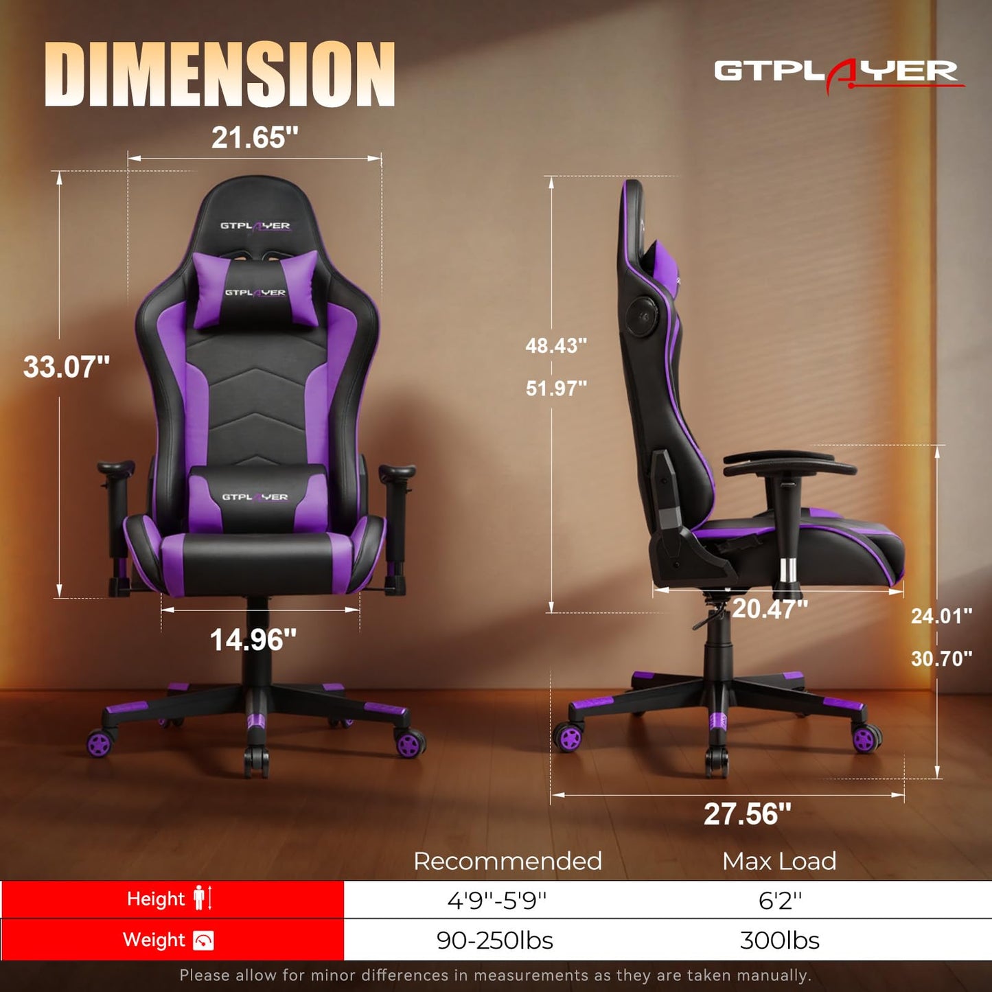 GTPLAYER Gaming Chair with Speakers,Video Game Chair Bluetooth Music with Lumbar Support, Ergonomic Comfortable Office Computer Chair for Adults, Adjustable Reclining Chair, 360° Swivel, Light Purple