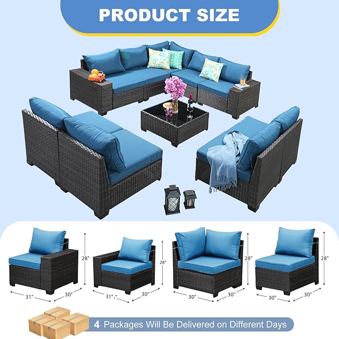 SunloungeCo Patio Furniture Set, 10 Pieces Outdoor Couch Sofa with Wider Armrests & Glass Coffee Table, Outdoor Sectional Furniture with Thick Cushions for Party, Poolside,Garden-Peacock