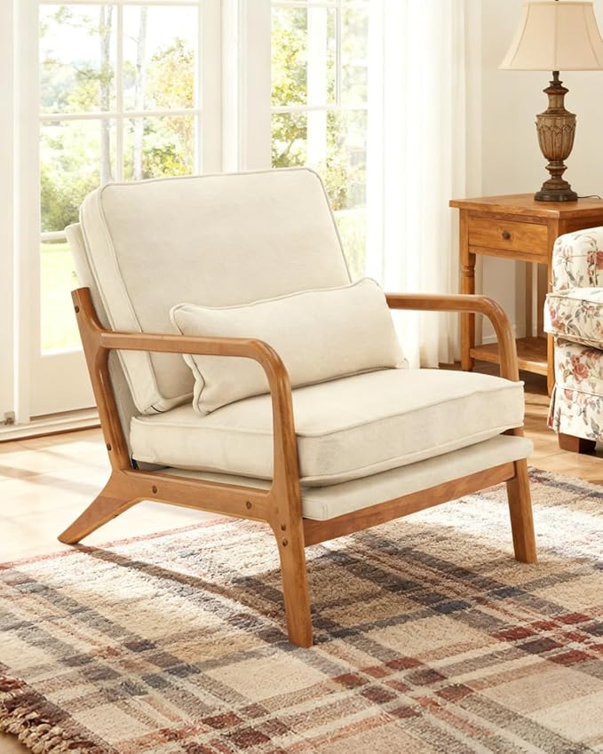 Karl home Accent Chair Mid-Century Modern Chair with Pillow Linen Fabric Upholstered Lounge Arm Chair with Solid Wood Fram...