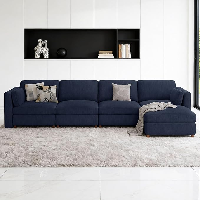 CUGOAO 153.4'' Modular Sectional Sofa, Oversized L-Shaped Sectional Couch with Ottoman, Deep Seat Chenille Cloud Couch, Mordern Upholstered Couches for Living Room, Apartment, Office, Blue