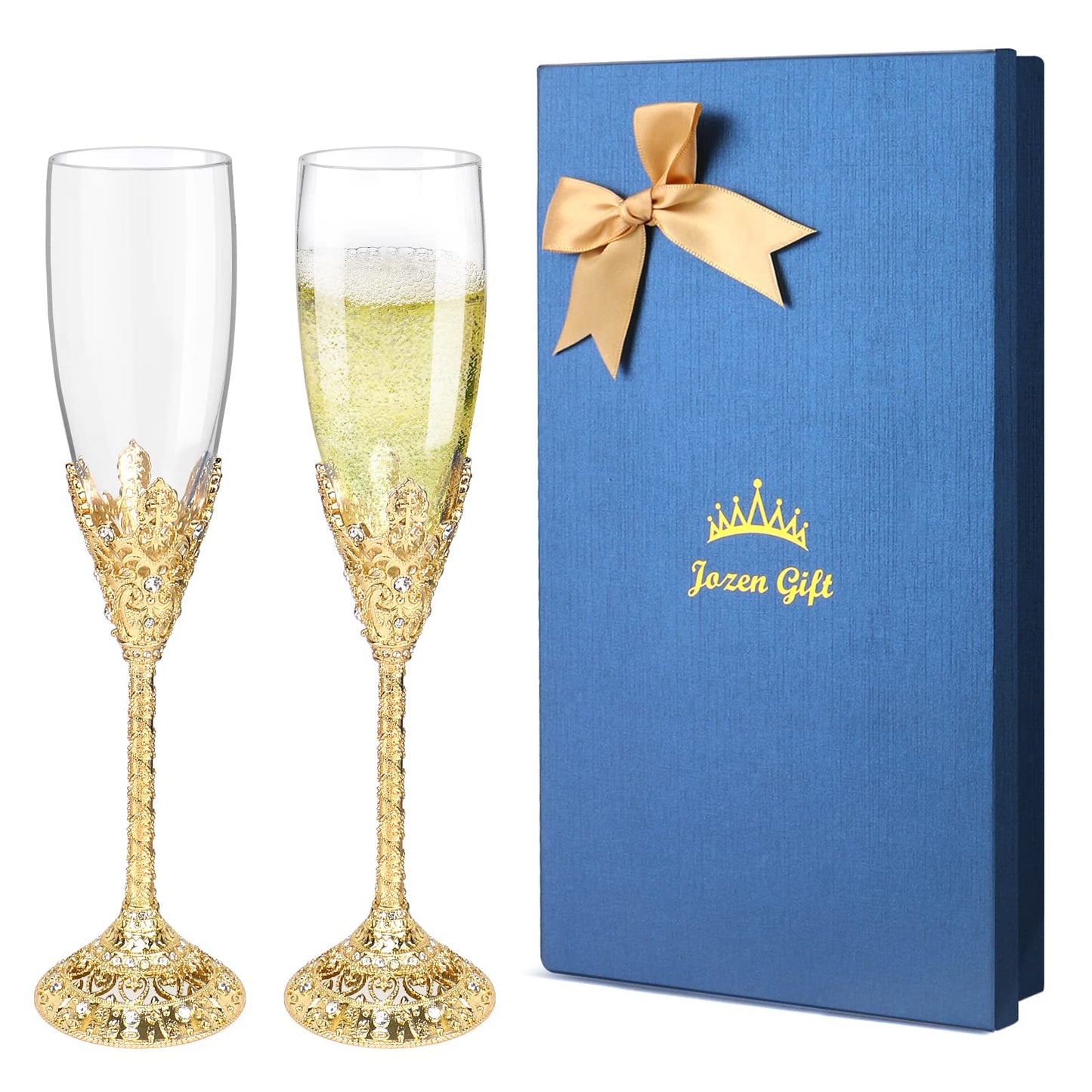 Jozen Gift Champagne Flutes-Set of 2 Champagne glasses, Crystal Glasses&Metal Base, Toasting Flute Pair, Wedding Anniversary, Party,Birthday,Banquets,Gifts for Bride and Groom 6 oz-Gold