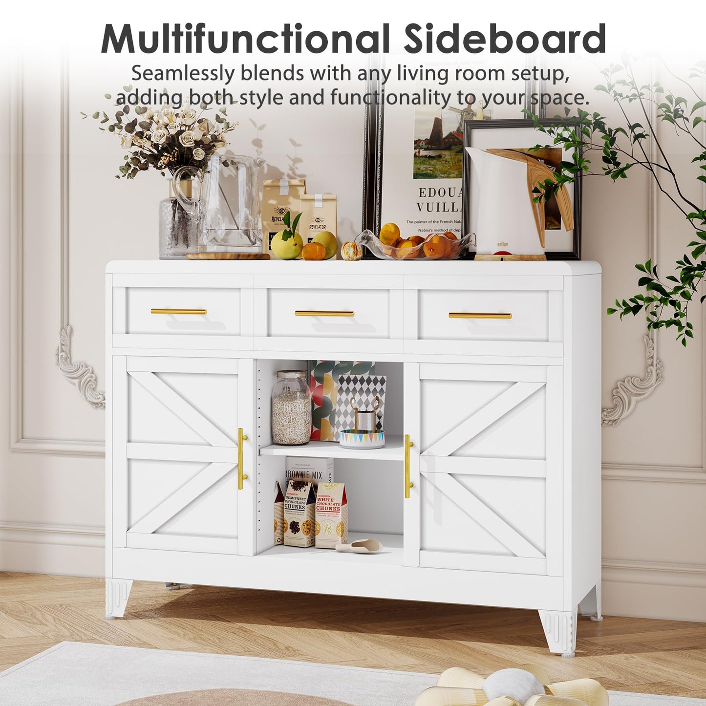 Sideboard Buffet Cabinet with Drawers, 47.2" Large Sideboard Cabinet with Doors & Adjustable Shelves, Modern Farmhouse Coffee Bar Console Table, Coffee Bar for Kitchen, Dining Room