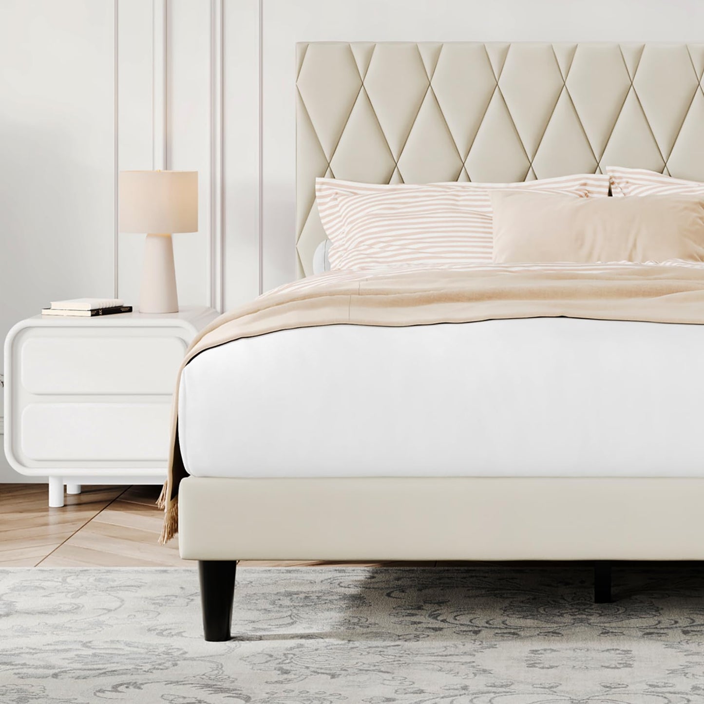 Rukboo Queen Platform Bed Frame with Storage Space, Fabric Upholstered Headboard, Fully Upholstered Mattress Foundation, No Box Spring Needed, Noise-Free, Easy Assembly, Beige