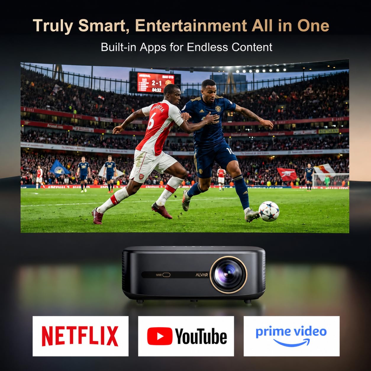 Alvar Smart Projector 2026 Upgraded, 2500 ANSI, 4K Supported, Built in NetfIix App, DoIby Audio & 50W Speakers, Auto Focus, WiFi 6, Bluetooth 5.3, Home Theater & Outdoor Movie Projector, Black