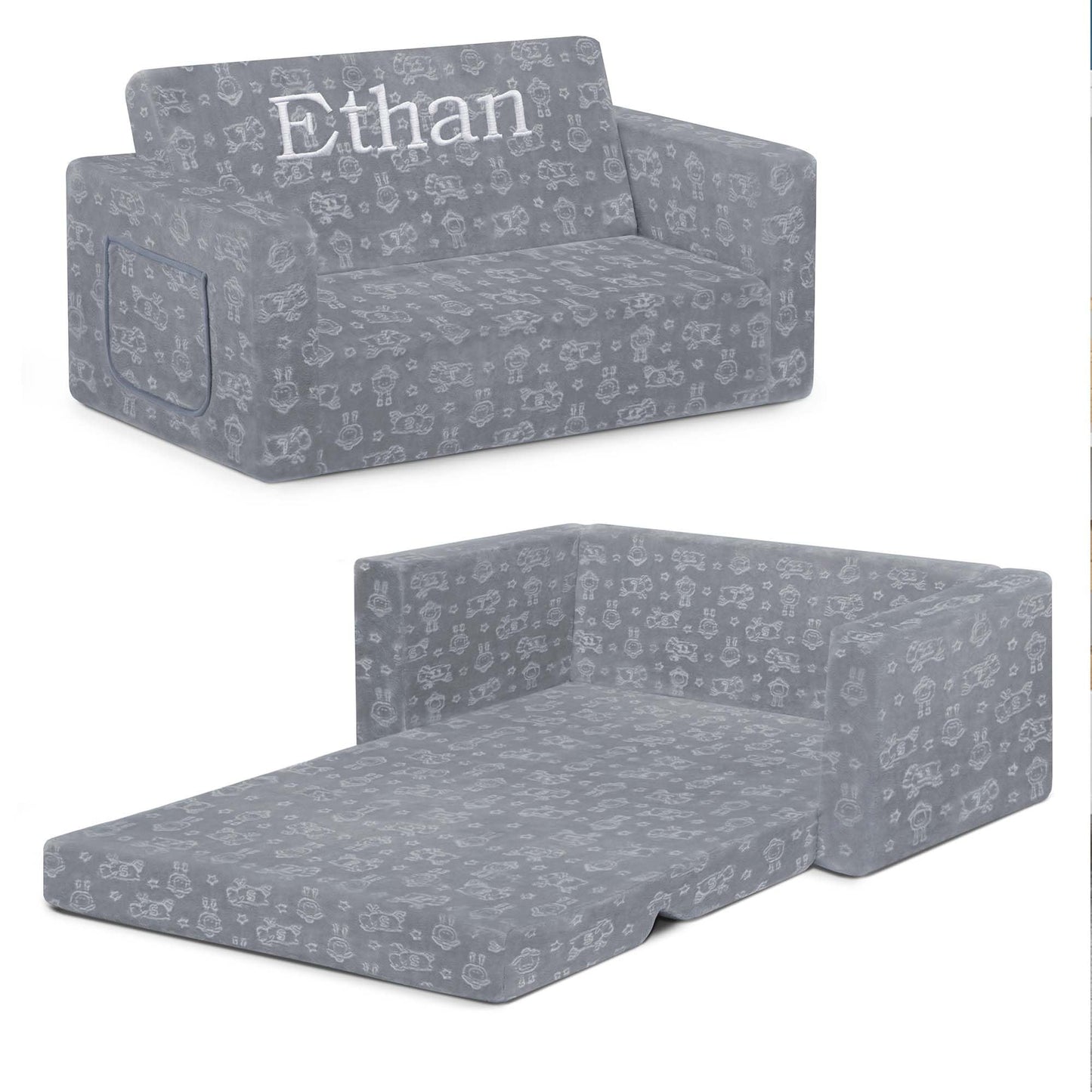 Delta Children Serta Perfect Sleeper Personalized Extra Wide Convertible Sofa to Lounger, Comfy 2-in-1 Flip Open Couch/Sleeper for Kids, Grey