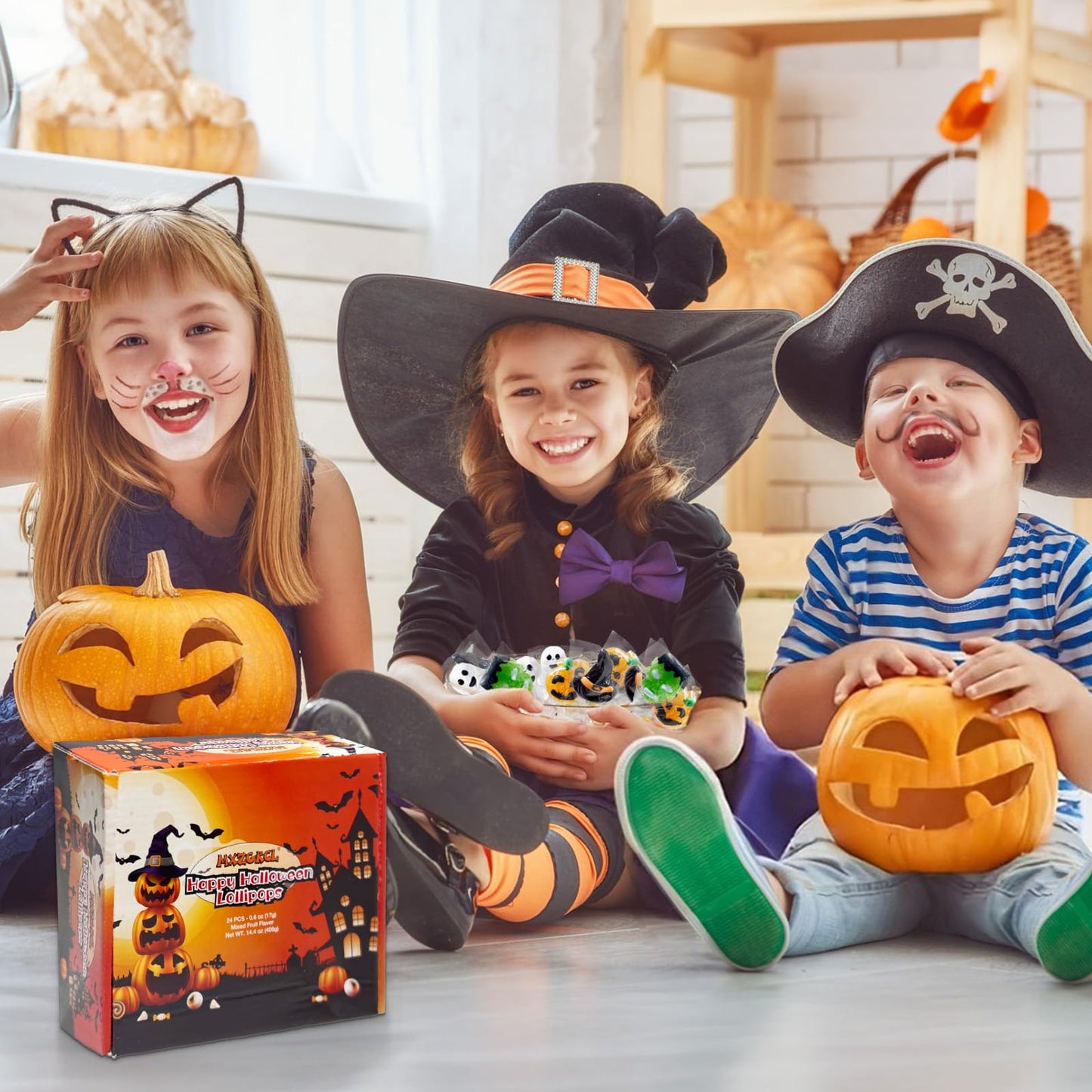 Big Halloween Lollipop Suckers Candy 24 Pack, Spooky Candy Lollipops, Pumpkin, Green Monster and Witch Hat Candy Sucker Lollipops Individually Wrapped for Halloween Goody Bag Fillers - Trick or Treat