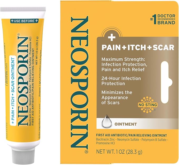 Neosporin First Aid Antibiotic Pain-Relieving, Anti-Itch, & Scar Ointment with Neomycin, Bacitracin Zinc, Pramoxine HCl & ...