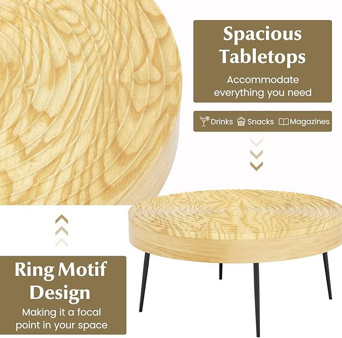 Giantex Boho Round Coffee Table Set of 2, Sofa Side Nesting Table with Solid Pine Wood Top, Metal Legs & Adjustable Foot Pads, 31.5" D Large Table Set for Living Room (Ring Pattern, Natural)