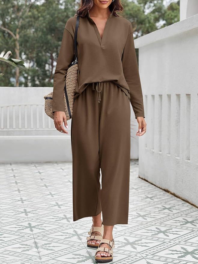 Imily Bela Womens 2 Piece Outfits Sweatsuit Long Sleeve Lapel V Neck Shirt and Wide Leg Pants 2025 Fall Trendy Tracksuit