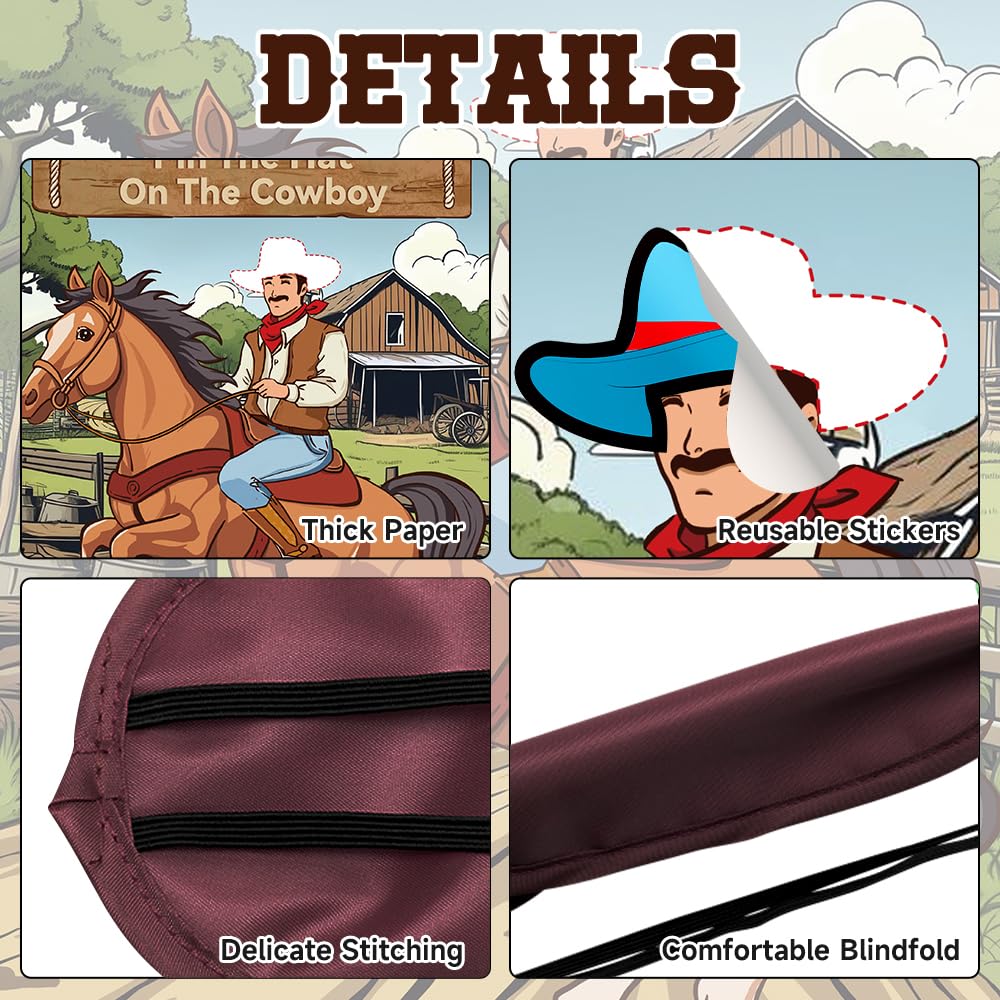 Pin The Hat on The Cowboy Party Games - Western Birthday Party Decorations Horse Theme Poster with 24 Stickers & 1 Eye Mask Wall Game Photo Background for 24 Players